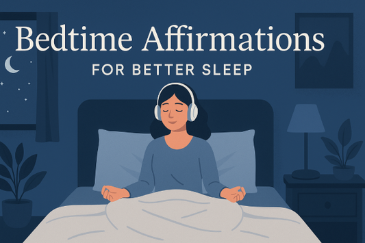 A woman in bed listening to calming affirmations with headphones in a serene room