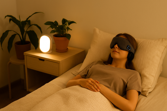 A woman relaxing in bed wearing a Bluetooth sleep mask with calming audio