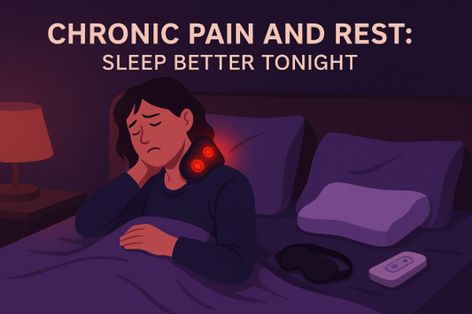 Illustration of a person with chronic pain struggling to sleep, surrounded by sleep aids and wellness tools.