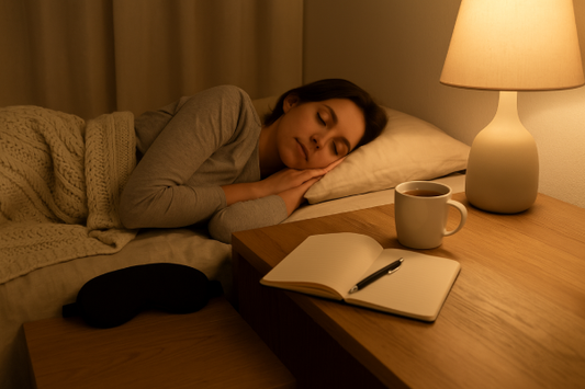 Photo of a tech-free bedroom with a person sleeping peacefully, a journal, and no visible electronic devices nearby.
