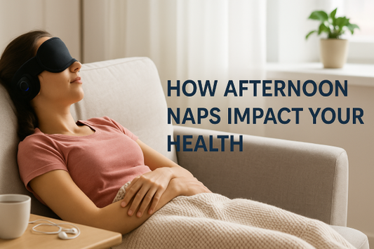 Person napping peacefully in a bright room with an eye mask and headphones