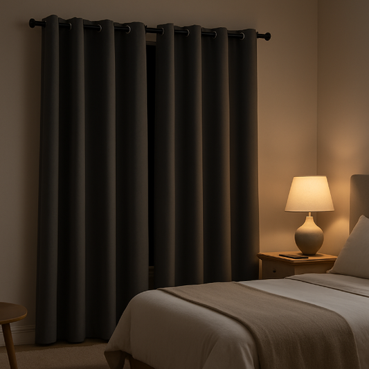 Modern blackout curtains in a cozy bedroom, creating a dark environment for better sleep and melatonin support.