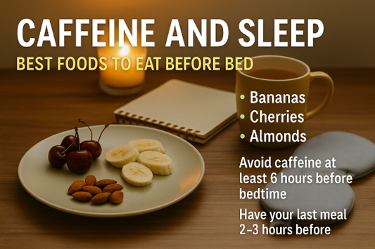 A bedtime snack plate with bananas, cherries, and a herbal tea next to a journal and sleep mask