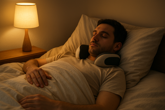 a relaxed person sleeping peacefully with a heated massager and supportive pillows promoting pain-free rest.