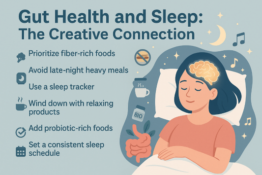 Woman sleeping peacefully, surrounded by creative icons and digestive wellness elements
