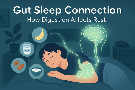 Illustration of the gut-brain axis showing a peaceful person sleeping with digestive and neural pathways highlighted.