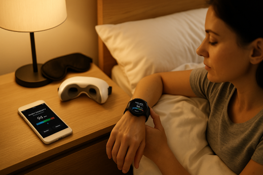 Photo of a person reviewing heart rate variability data on a smartwatch beside a cozy sleep setup with relaxation tools.