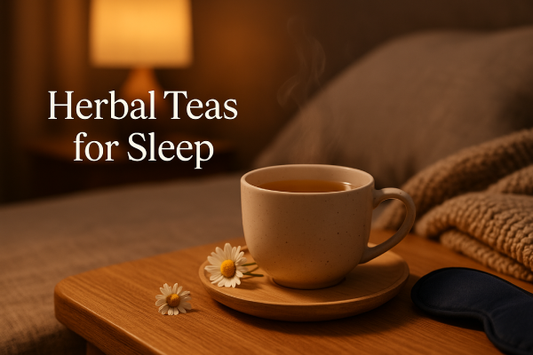 Photo of a steaming cup of herbal tea with chamomile flowers and a cozy nighttime setting.