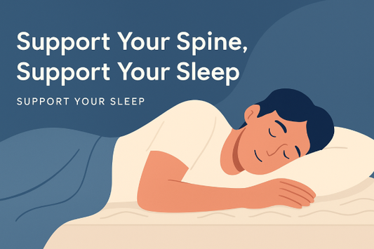Illustration of a person sleeping on a mattress with proper spinal alignment, showing curves in the spine and neutral posture.