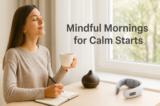 Woman journaling peacefully in a sunlit room with a cup of tea