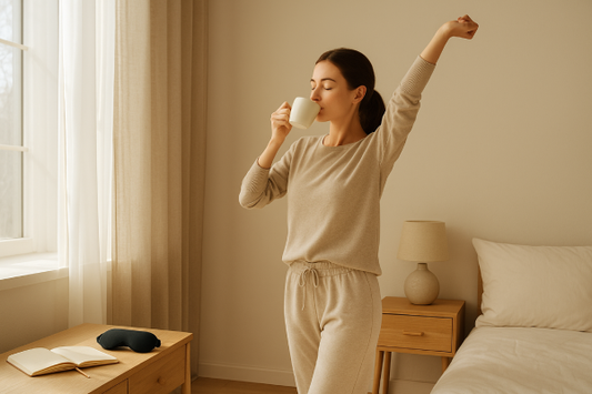 Illustration of a person stretching by a bright window, holding a cup of tea with a peaceful morning setup promoting healthy sleep.