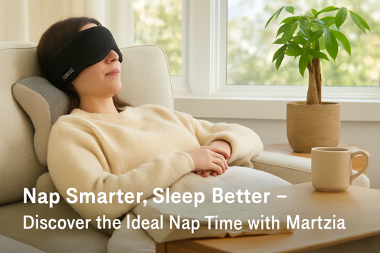 A woman relaxing on a couch with a sleep mask during a short afternoon nap