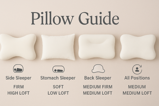 A variety of pillows displayed with labels showing firmness, loft, and sleep positions—ideal for pillow comparison and neck support.