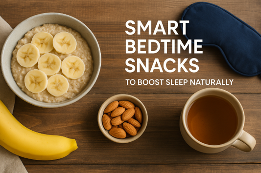 Healthy bedtime snacks like yogurt, bananas, and herbal tea on a wooden tray