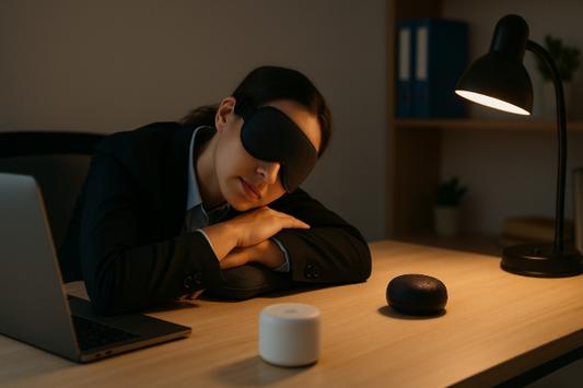 Young professional sleeping on a desk with a sleep mask and laptop, symbolizing burnout and rest recovery.