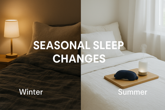 Person switching between warm and cool bedding to reflect seasonal sleep changes