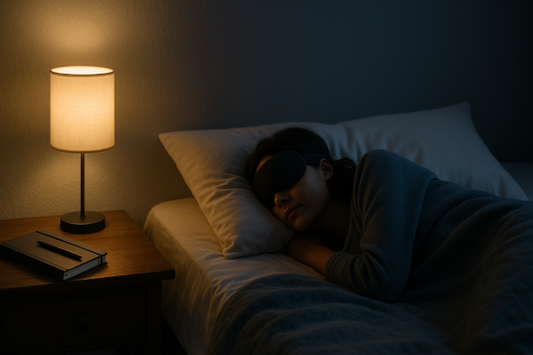 Photo of a peaceful bedroom scene with soft lighting, a person resting deeply, and no electronic devices nearby.
