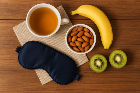 A healthy bedtime snack including banana, almonds, and tea placed beside a sleep mask for restful sleep support through nutrition.