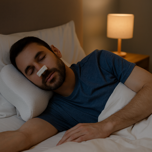 Person using an anti-snoring device while sleeping peacefully on a memory foam pillow