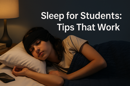 Teen sleeping with a Bluetooth eye mask and cozy bedding in a dim room