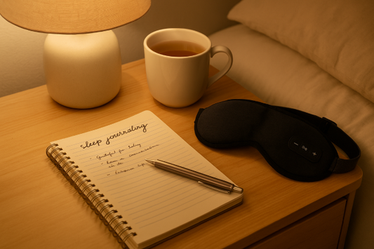 Photo of a cozy bedside setup with a journal, pen, tea, and a Bluetooth sleep headband promoting a calming nighttime routine.