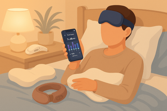 Illustration of a person checking sleep data on a smart device beside their bed, with relaxing lighting and sleep tools around them.