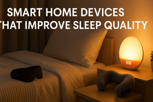 A cozy smart home bedroom with sleep tech devices like a Bluetooth mask, sunrise clock, and massager