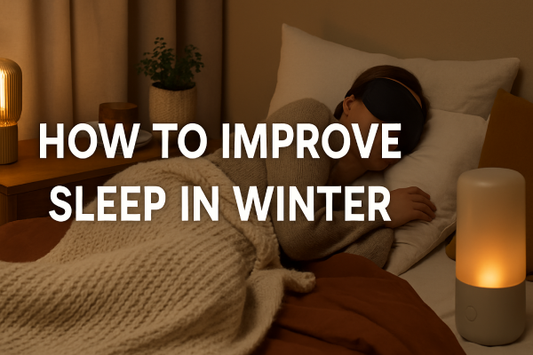 A cozy winter bedroom setup with layered blankets and soft lighting for improved seasonal sleep.