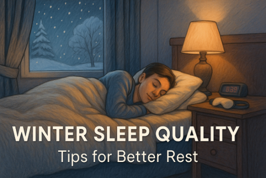 Illustration of a cozy winter bedroom setup with a person sleeping under warm bedding and soft lighting, showing a peaceful sleep environment.