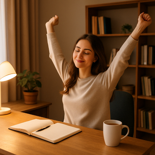 A woman stretching at her desk after a good night’s sleep, feeling focused