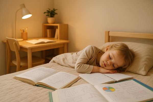 Student sleeping peacefully with textbooks and notes beside them on the bed.