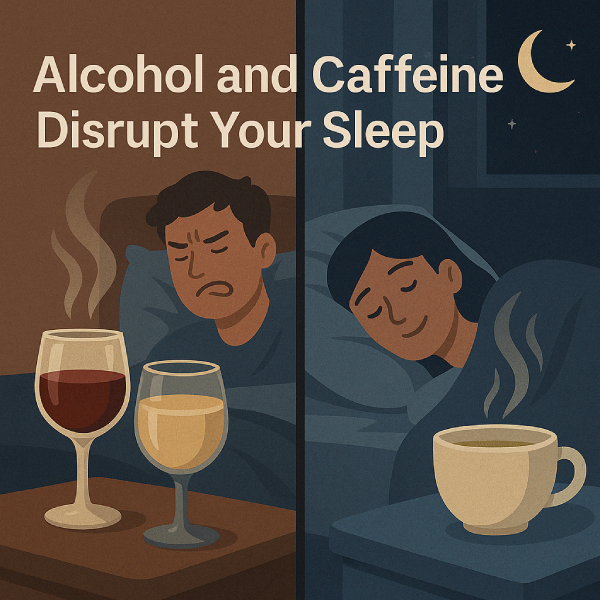Illustration comparing coffee and wine with restful sleep and disrupted sleep patterns