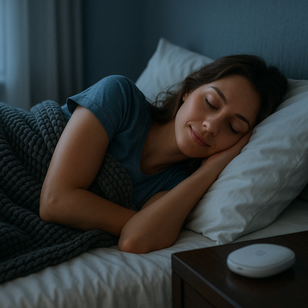 Woman peacefully sleeping with soft light in cool room showing healthy metabolism