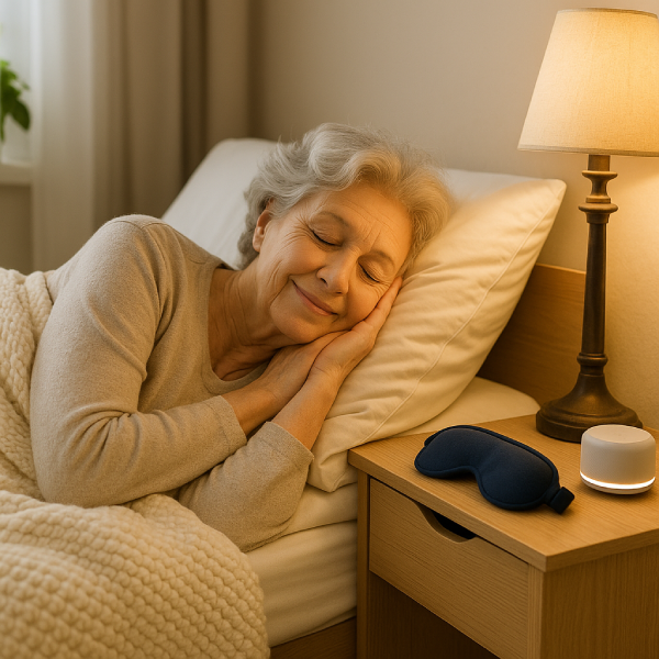  Senior woman sleeping peacefully in a cozy, well-lit bedroom with smart sleep devices