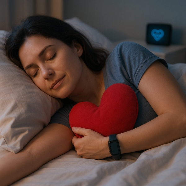 Woman sleeping peacefully with a heart-shaped pillow for heart health