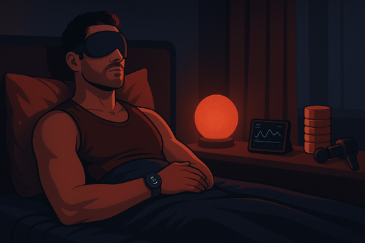 Athlete resting in a dark room with sleep tracker, eye mask, and biohacking tools promoting deep sleep and recovery.