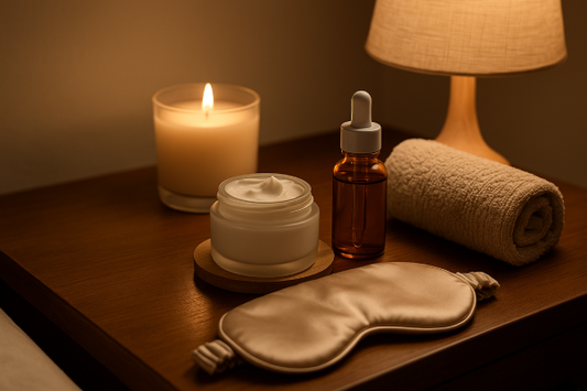 Flat lay of bedtime skincare products and hydrating mask on nightstand