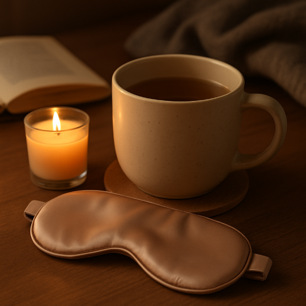A warm cup of bedtime tea beside a candle and eye mask, creating a relaxing evening sleep ritual.