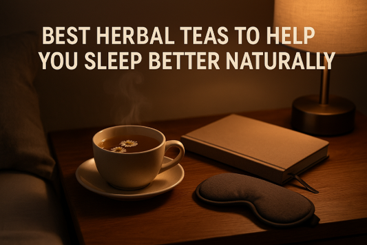A steaming cup of herbal tea surrounded by calming bedtime accessories