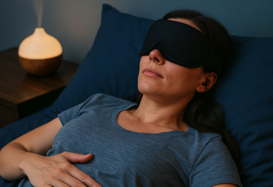 Person practicing deep breathing before bed with a sleep mask and smart gadget for relaxation and sleep support.