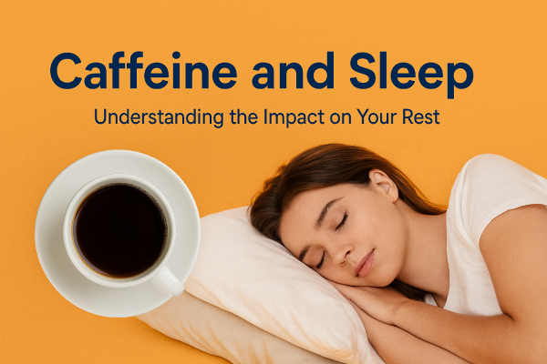 Banner showing caffeine vs sleep balance with coffee mug on one side and a peaceful sleeping figure on the other, illustrating the effects of late caffeine on rest.