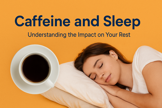 Banner showing caffeine vs sleep balance with coffee mug on one side and a peaceful sleeping figure on the other, illustrating the effects of late caffeine on rest.