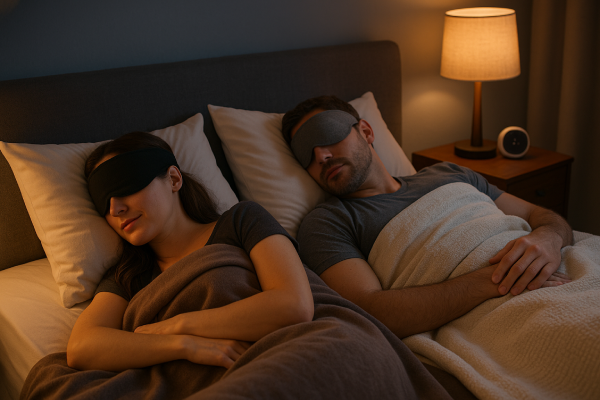 Couple peacefully sleeping in bed with individual blankets and sleep masks in a softly lit, comfortable bedroom setup.