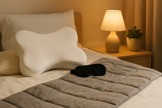 A cozy sleep setup with a memory foam pillow, sleep mask, and blanket on a bed for comfort and nighttime relaxation.