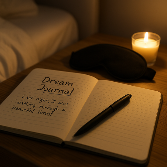 A bedside journal with handwritten dream notes, a sleep mask, and a candle—tools for building a dream journaling routine.