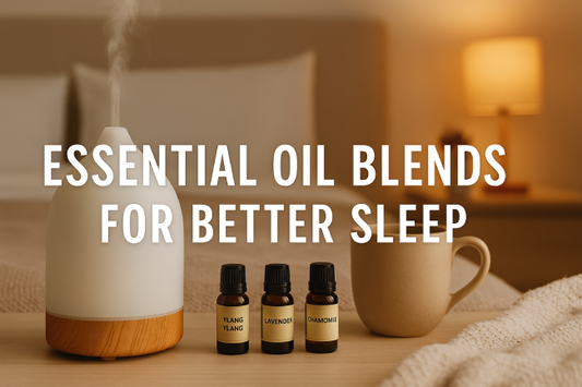 Essential oil bottles and diffuser with calming bedroom setup