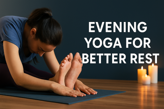 A woman practices relaxing evening yoga on a mat in a dimly lit room to promote better sleep.