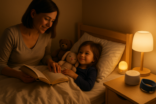 Parent reading a bedtime story to a child in a dim, cozy room with a nightlight and calming sleep accessories nearby.