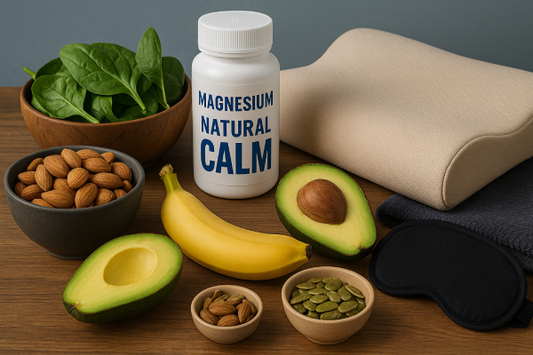 Illustration of magnesium-rich foods and supplements next to calming sleep gear, promoting better sleep with natural support.