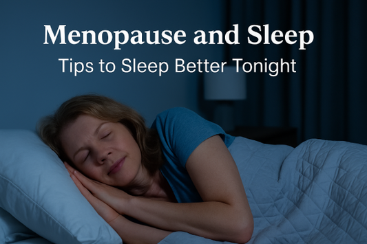 Woman experiencing night sweats during sleep with cool bedding and relaxation tools